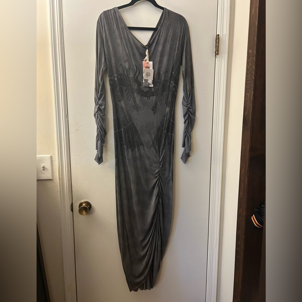 Anama Batik Grey Long Dragon Print Dress Size L NWT